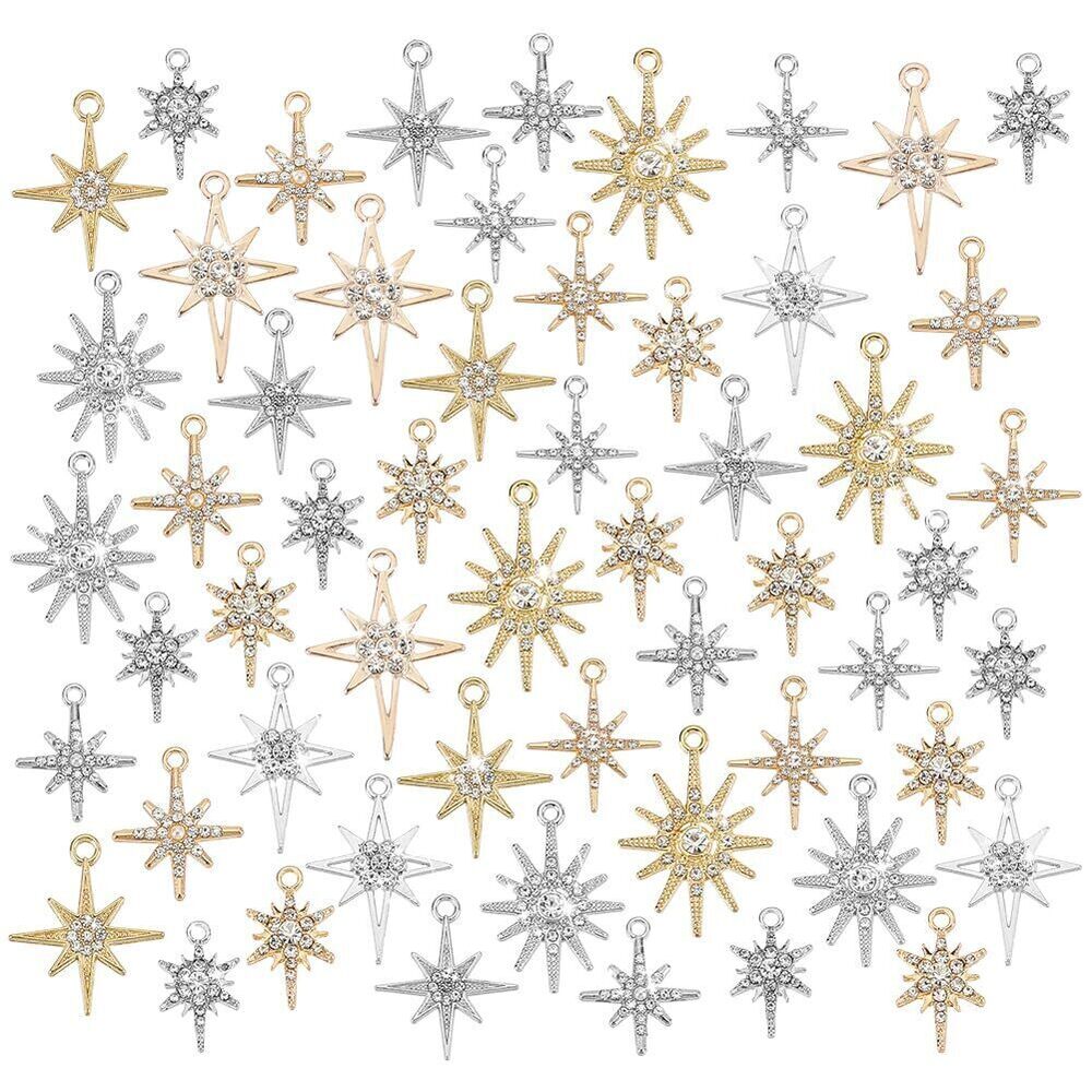 9652 56pcs Star Charms 7 Styles Cubic Zirconia Charms Golden Pave Charms